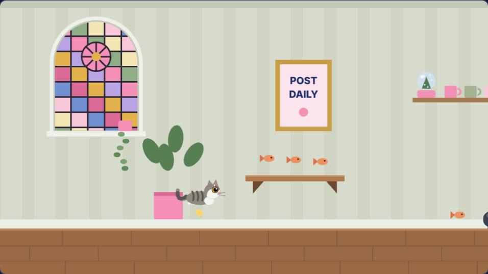 Bobby the gray tabby leaping toward a shelf of fish treats under a stained glass window