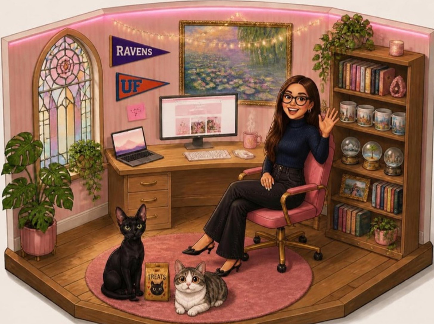 Painted corner room: Megan in a pink chair waving, her black cat Chad and gray tabby Bobby on a pink rug with a bag of treats, a stained glass window, Ravens and UF pennants, a water lily painting, a desk with a monitor and laptop, and a bookshelf with books, travel mugs, a geode and snow globes.