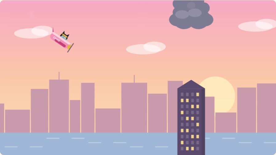 Chad flying a little pink plane over the Chicago skyline at sunset